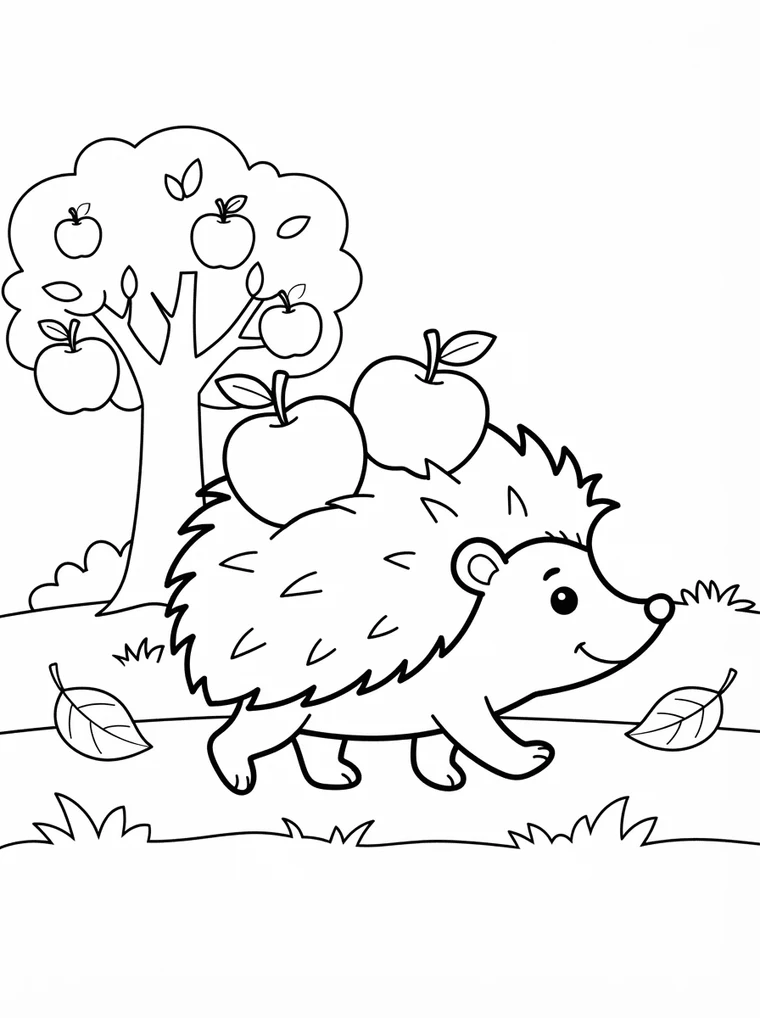 Ausmalbild: Igel trägt Äpfel auf seinen Stacheln