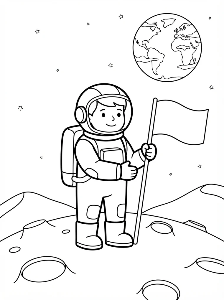 Ausmalbild: Astronaut steht mit einer Fahne auf dem Mond