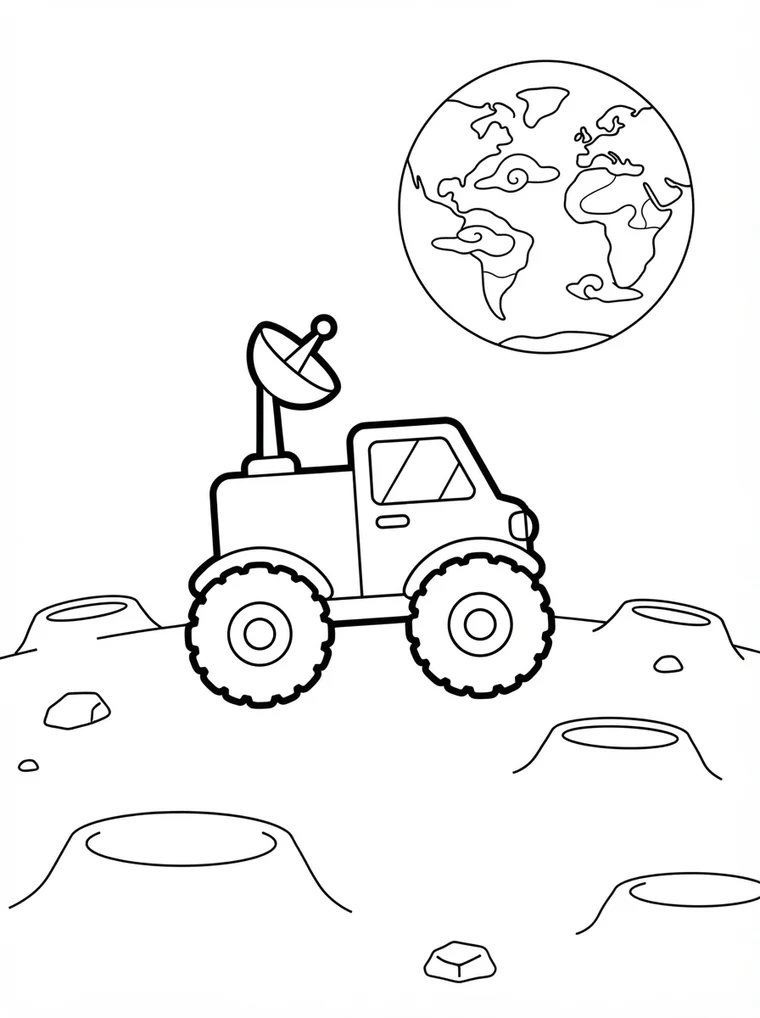 Ausmalbild: Mondauto mit großen Rädern fährt über den Mond