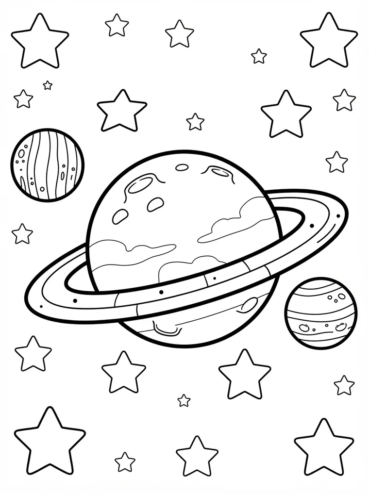 Ausmalbild: großer Ringplanet mit zwei kleinen Planeten und Sternen