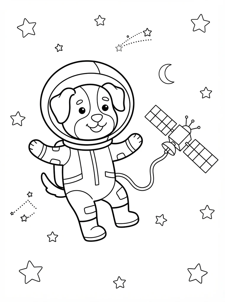 Ausmalbild: Hund mit Astronautenhelm schwebt neben einem Satelliten
