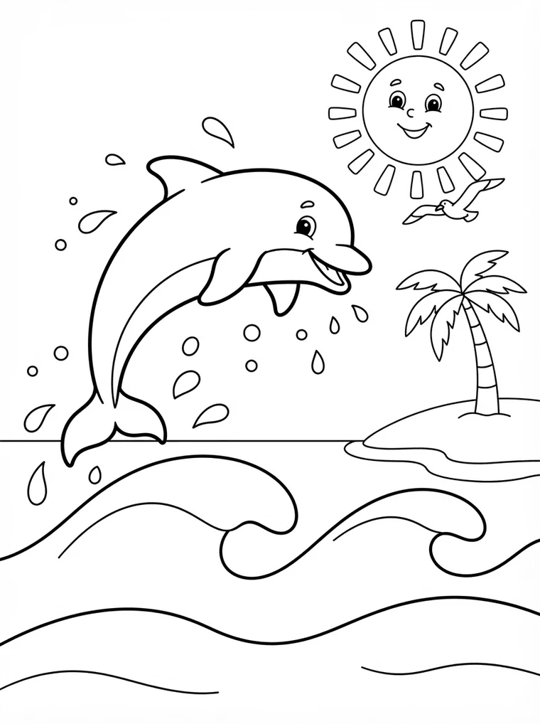 Ausmalbild: Delfin springt aus einer Welle