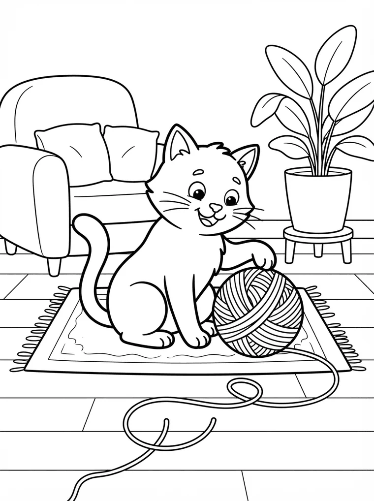 Ausmalbild: Katze spielt mit einem Wollknäuel