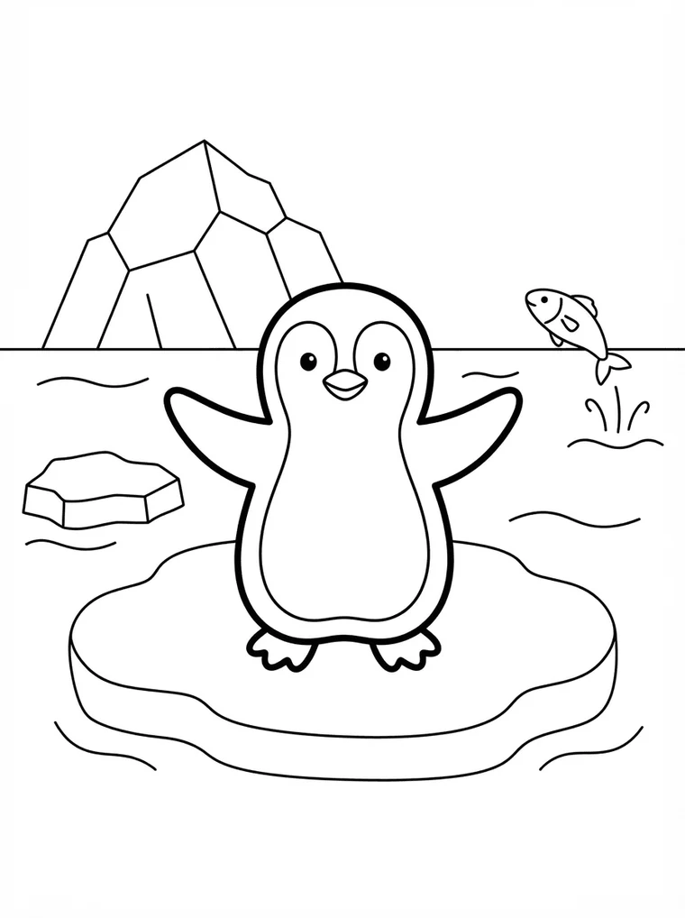 Ausmalbild: Pinguin steht auf einer Eisscholle