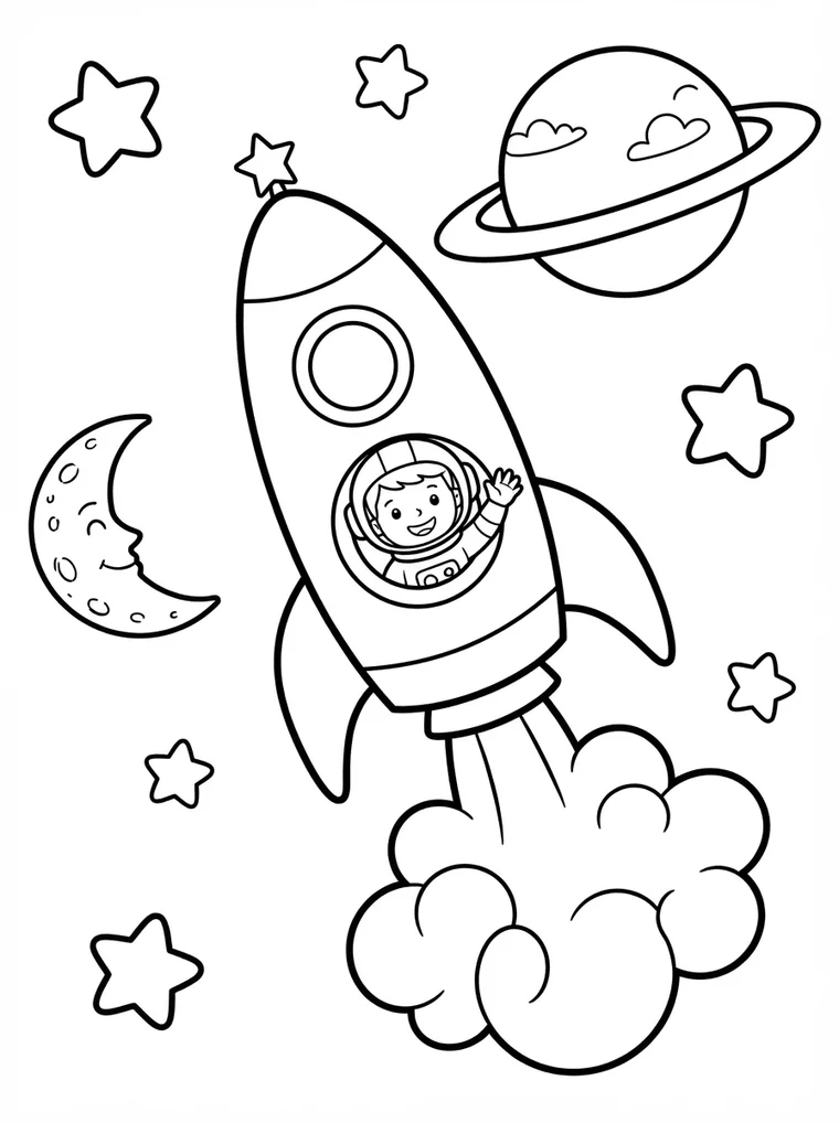 Ausmalbild: Rakete mit Kind im Fenster fliegt an Mond, Planet und Sternen vorbei
