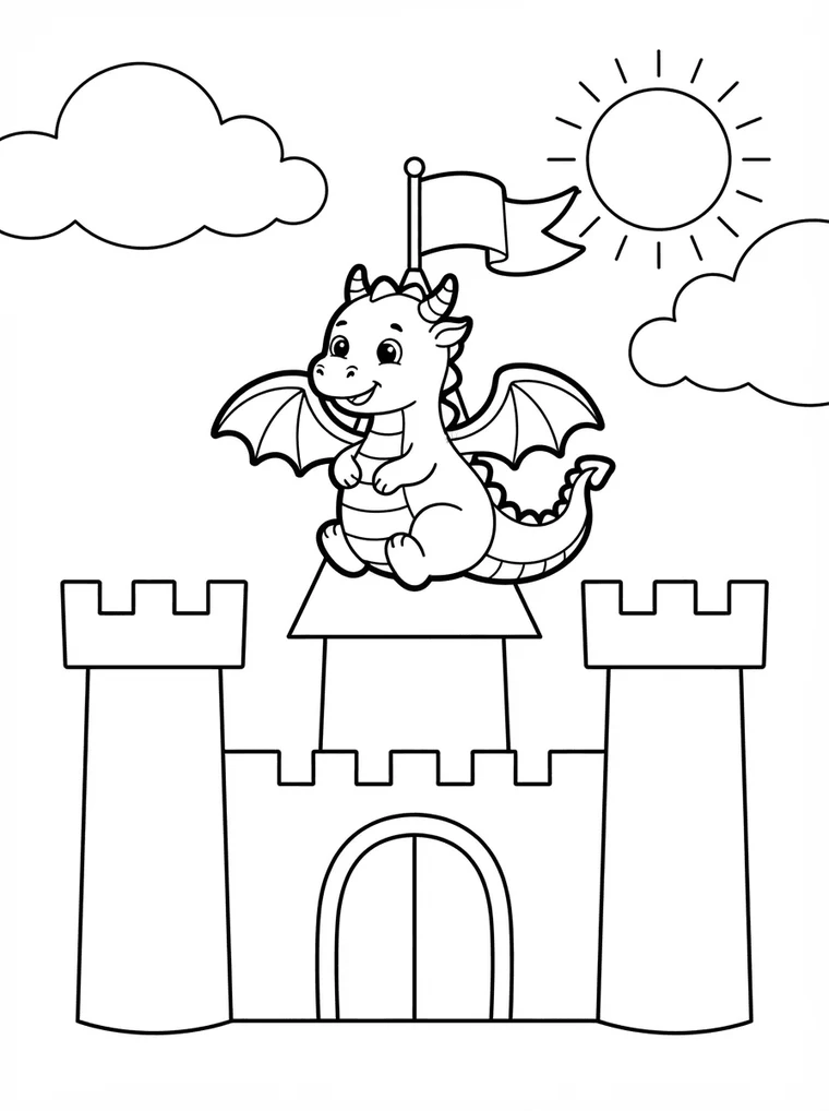 Ausmalbild: Ritterburg mit freundlichem Drachen davor