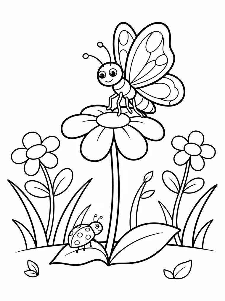 Ausmalbild: Schmetterling sitzt auf einer großen Blume