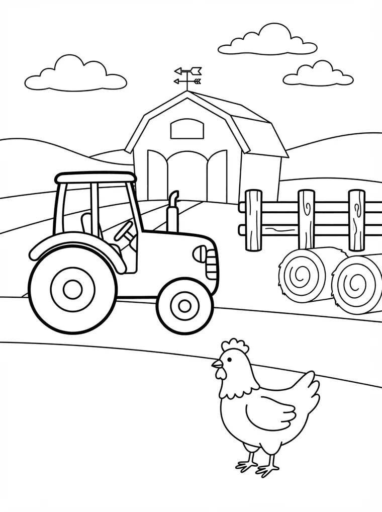 Ausmalbild: Traktor auf dem Bauernhof